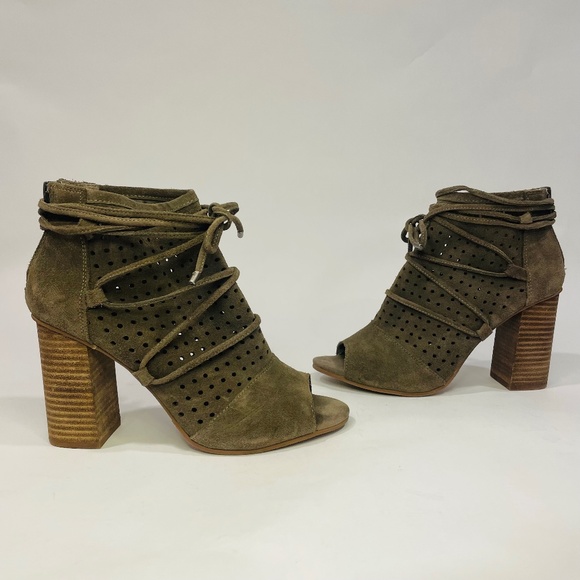 Very Volatile Booties Taupe Suede Open Toe Chunky Heel Boots Size 8 - Picture 2 of 11